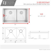 STYLISH 32" x 18" Stainless Steel Low Divider Undermount Kitchen Sink