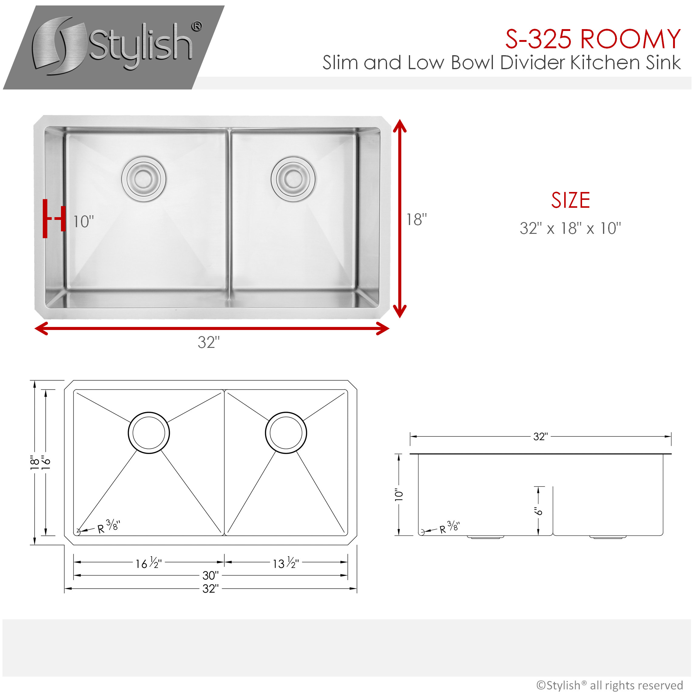 STYLISH 32" x 18" Stainless Steel Low Divider Undermount Kitchen Sink