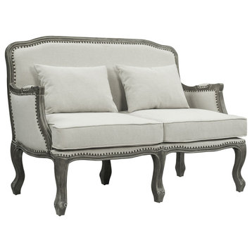 ACME Tania Loveseat w/2 Pillows in Cream Linen & Brown Finish