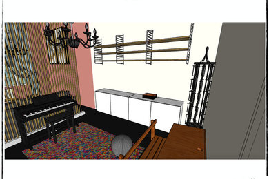 Diseño de salón con rincón musical abierto retro grande con paredes rojas, televisor independiente y suelo negro