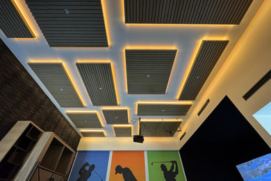 Home theater - transitional home theater idea in Houston