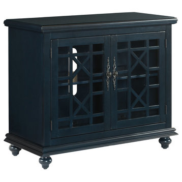 Transitional Wood And Glass Tv Stand With Trellis Cabinet Front, Dark Blue