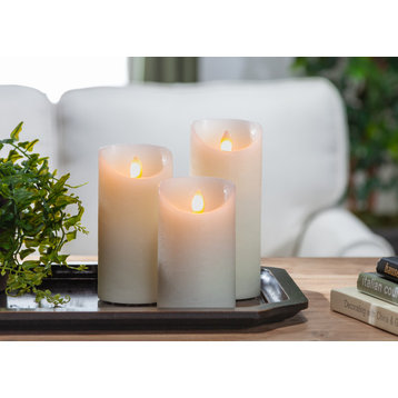 Set of 3 Bisque LED Pillar Candles With Aurora Flame and Remote Control