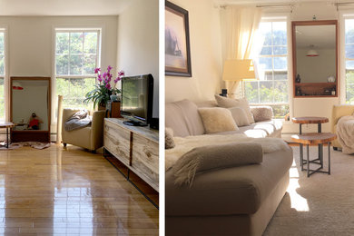 Inspiration for a small modern formal and enclosed carpeted living room remodel in New York with white walls and a wall-mounted tv