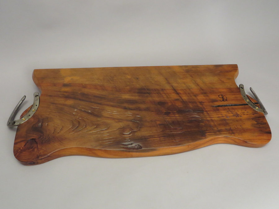 #15047 Rear Detail: Hand-Carved Serving Tray. Reclaimed Beech & Horseshoe Handl