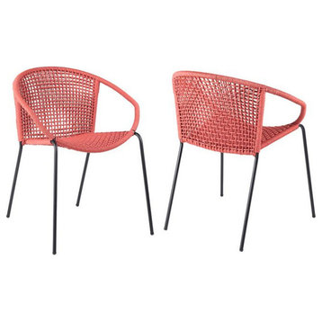 Snack Indoor Stackable Steel Dining Chair With Brick Red Rope, Set of 2