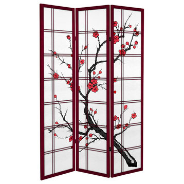 6' Tall Canvas Cherry Blossom Room Divider, Rosewood, 3 Panels