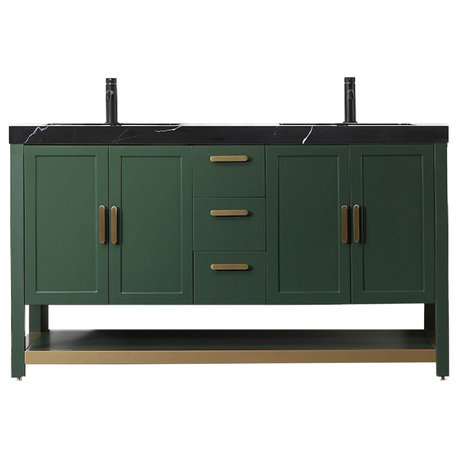 WINCHESTER Freestanding Modern Bathroom Vanity, Forest Green, 60", Black Countertop