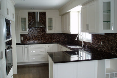 Mid-sized trendy u-shaped dark wood floor eat-in kitchen photo in Montreal with a double-bowl sink, recessed-panel cabinets, white cabinets, multicolored backsplash and a peninsula