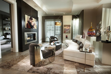 Inspiration for a large contemporary formal and open concept carpeted living room remodel in Toronto with beige walls, a two-sided fireplace, a wood fireplace surround and a wall-mounted tv