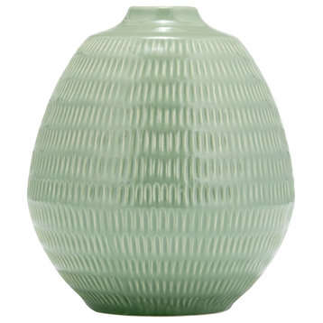 Ceramic 7", Stripe Oval Vase, Dark Sage