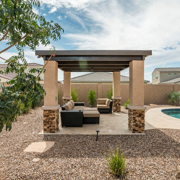 Tropical Pool Landscape with Travertine Deck, Custom Pergola in Mesa