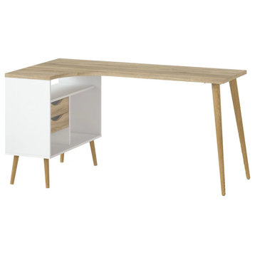 Scandinavian Desk, 2 Small Storage Drawers & 3 Open Compartments, White/Oak
