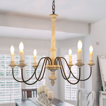 Shabby Chic 6 Light Wooden Candle Chandelier, Without Drops