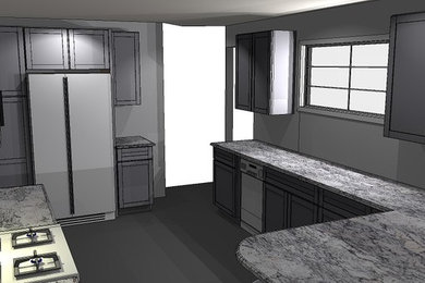 Diseño de cocina actual de tamaño medio con armarios estilo shaker, puertas de armario grises, encimera de granito y encimeras grises