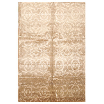 6'1''x9'1'' Hand Knotted Wool and Faux Silk Oriental Area Rug Tan, Taupe