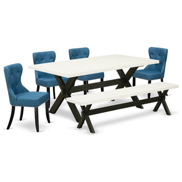 East West Furniture X-Style 6-piece Wood Dining Table Set in White/Black