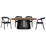 Armen Living - Pasadena Apache 5-Piece Oval Dining Set, Walnut & Black Oak Finish Faux Leather - Introducing the Pasadena Apache 5 Piece Oval Dining Set - This set includes the 1 Pasadena oval dining table and 4 Apache dining chairs. Crafted with meticulous attention to detail, the oval shape of the table brings a touch of sophistication, creating a dynamic focal point for gatherings in your dining room. With a generous tabletop length of 79 inches and a width of 43 inches, this dining room table provides ample space for family dinners or entertaining guests. This table features a beautiful solid wood base and concrete bottom for added stability. The Apache chairs showcase a sophisticated blend of Black Oak Wood and Faux Leather, creating a sleek and timeless aesthetic. The upholstered dining chair design provides both comfort and style. Their contemporary design ensures they seamlessly integrate into various interior styles, elevating the ambiance of any space. The versatility of these chairs extends beyond the dining room; they make for stylish additions such as vanity chairs or accent pieces, enhancing the aesthetic appeal of any room. The retro allure of mid-century design is present in the slatted paneling on the column structure of the pedestal base, further elevating its appeal, whilst lending its unmistakable character and attractive, architectural-like quality. This 5-piece dining set comes complete with the Apache Black Oak Wood and Faux Leather Dining Chairs and one of 3 different color variations for the Pasadena table. This oval dining table is available in an all-black oak finish, an all-natural oak finish, or a walnut tabletop finish with a black base to suit any room.