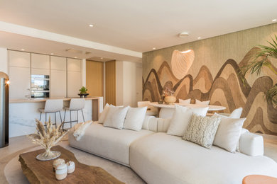Inspiration for a contemporary gray floor and wallpaper living room remodel in Other with brown walls