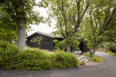 Photo of a midcentury two-storey black house exterior in San Francisco with wood siding.