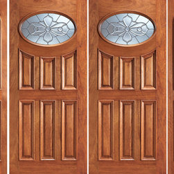 Prehung Mahogany Oval Lite Entry Double Door Two Sidelites - Front Doors