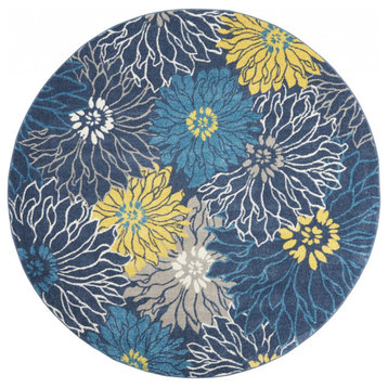 8' Blue Round Floral Power Loom Area Rug