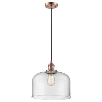 1-Light Large Bell 12" Pendant, Antique Copper, Glass: Clear