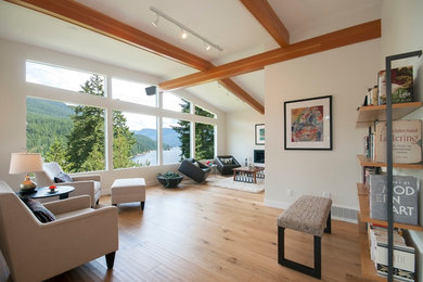 Living room library - light wood floor living room library idea in Vancouver with a standard fireplace and a plaster fireplace
