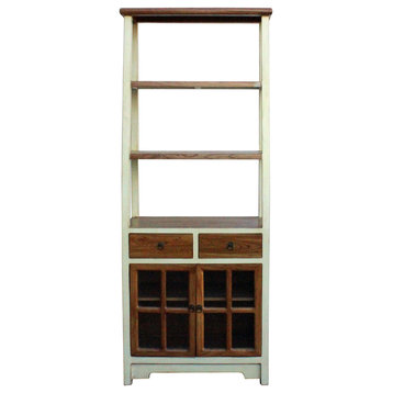 Oriental Cream White Brown Glass Door China Bookcase Cabinet Hcs4173