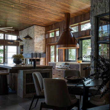 Antique Elm Paneling and Ceiling in Modern Lakehouse Four Seasons Porch