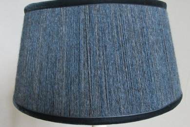 Alpaca yarn lampshade in denim blue trimmed in blue velvet