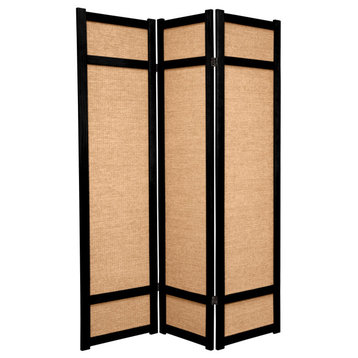 Traditional 3 Panels Room Divider, Folding Design With Natural Woven Jute, Black