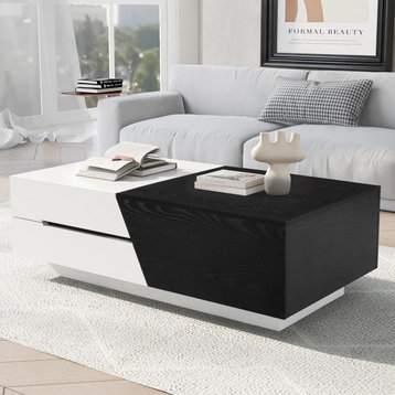 Modern Coffee Table, Extendable Sliding Top With Hidden Storage, White/Black