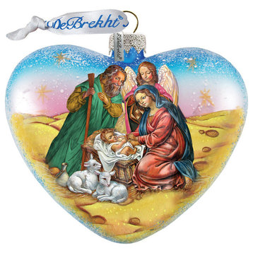 Hand Painted Nativity Heart Glass Scenic Ornament