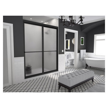 Newport Framed Sliding Shower Door, Towel Bar, Obscure, Matte Black, 58"x70"