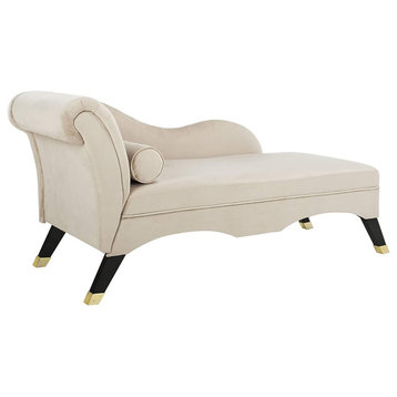 Modern Chaise Lounge, Tan Velvety Seat With Curved Arm & Rolled Backrest