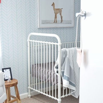 Blue and White Nursery featuring Blue Herringbone Wallpaper