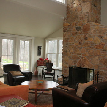 Stone fireplace in custom renovation.
