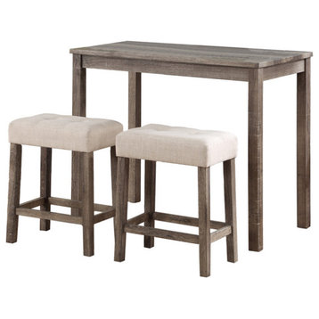 Lux 3-Piece Counter Height 36" Pub Table Set, Tufted Stools, Brown/Creamy White
