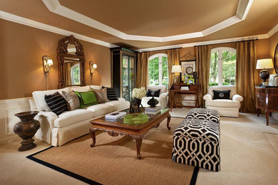 Large transitional formal and open concept carpeted and beige floor living room photo in Seattle with brown walls