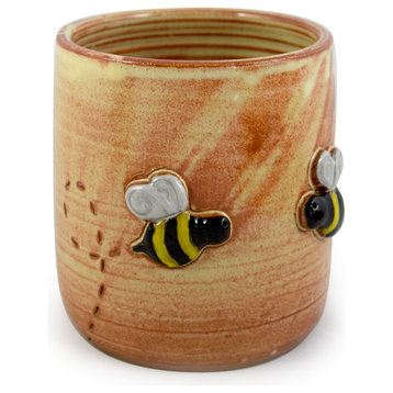 Handmade Stoneware Pottery Spoon Jar with Busy Bees Motif