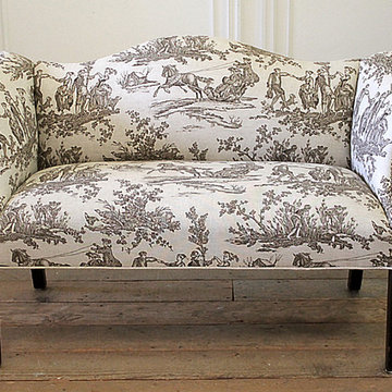 Custom Linen Slip Covered Vintage Petite Sofa in Toile