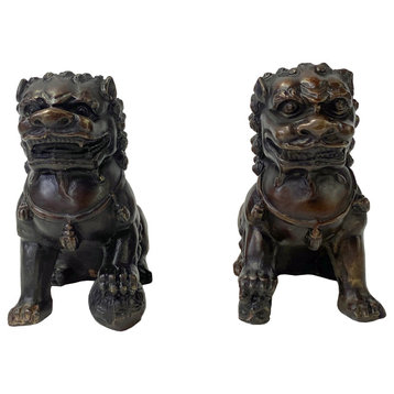 Pair Chinese Oriental Brown Color Metal Fengshui Foo Dog Figures Hws2493