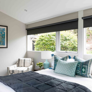 This is an example of a mid-sized contemporary master bedroom in Sydney with green walls, carpet and grey floor.