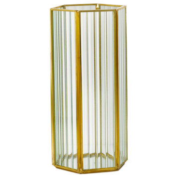 Serene Spaces Living Trapezoid / Hexagon Striped Glass Gold Candle Hurricane, He