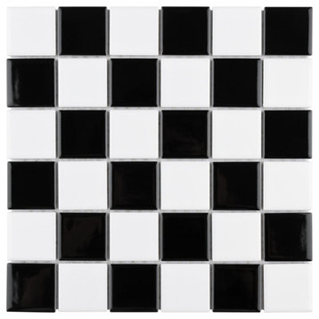 Metro Quad Checkerboard Glossy Black and White Porcelain Floor and Wall Tile