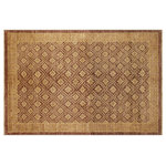 Bareens Designer Rugs - Boho Chic Ziegler Louanne Red Gold Hand-Knotted Wool Rug - 5'10'' x 9'2'' - Enhance the ambiance of your home with this magnificent Persian-influenced Turkish hand-knotted rug made by skilled artisans capable of creating the most exceptional vegetable dyes and hand-spun wool. This exquisite handmade rug is a one-of-a-kind Peshawar Kafkaz, otherwise identified as Chobi, Chobi Peshawar, Oushak, or Ziegler rug. These handmade rugs are crafted in Pakistan utilizing superior-quality wool imported from Australia, New Zealand, and Korea in two types of weaves: the Persian weave and the Mori weave. This rug is meticulously crafted by hand using the finest natural vegetable dyes extracted from local plants. The artisans use a blend of hand-spun local and fine merino wool, resulting in a rug with a compelling texture, higher lanolin content, and longer staple. The artisans occasionally incorporate natural or artificial silk into the pile to enhance specific motifs. The finished product is an awe-inspiring execution of flawless design and an understated palette that exudes elegance.