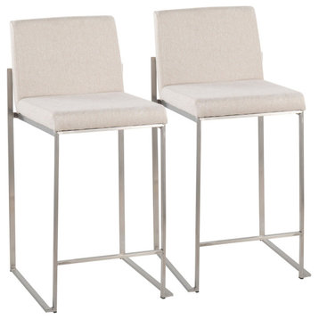 Fuji High Back Counter Stool, Set of 2, Stainless Steel, Beige Fabric