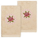 Linum Home Textiles - Linum Home Textiles Rosalee Turkish Cotton Hand Towels, Set Of 2, Sand - Bring a romantic mood to your decor with the "Rosalee" embroidered hand towels. These towels feature an intricate rose embroidered inside a scalloped applique frame. This special & luxurious terry hand towel is manufactured with the finest Turkish cotton fiber for maximum softness and absorbency.