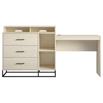 Modern 3 in 1 Dresser With Integrated Desk and Raised Open Shelves, Ivory Oak